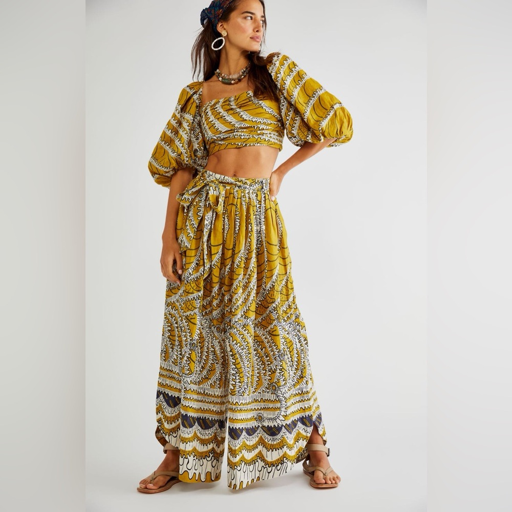 Free People Mustard Yellow Printed Wide Leg Pants